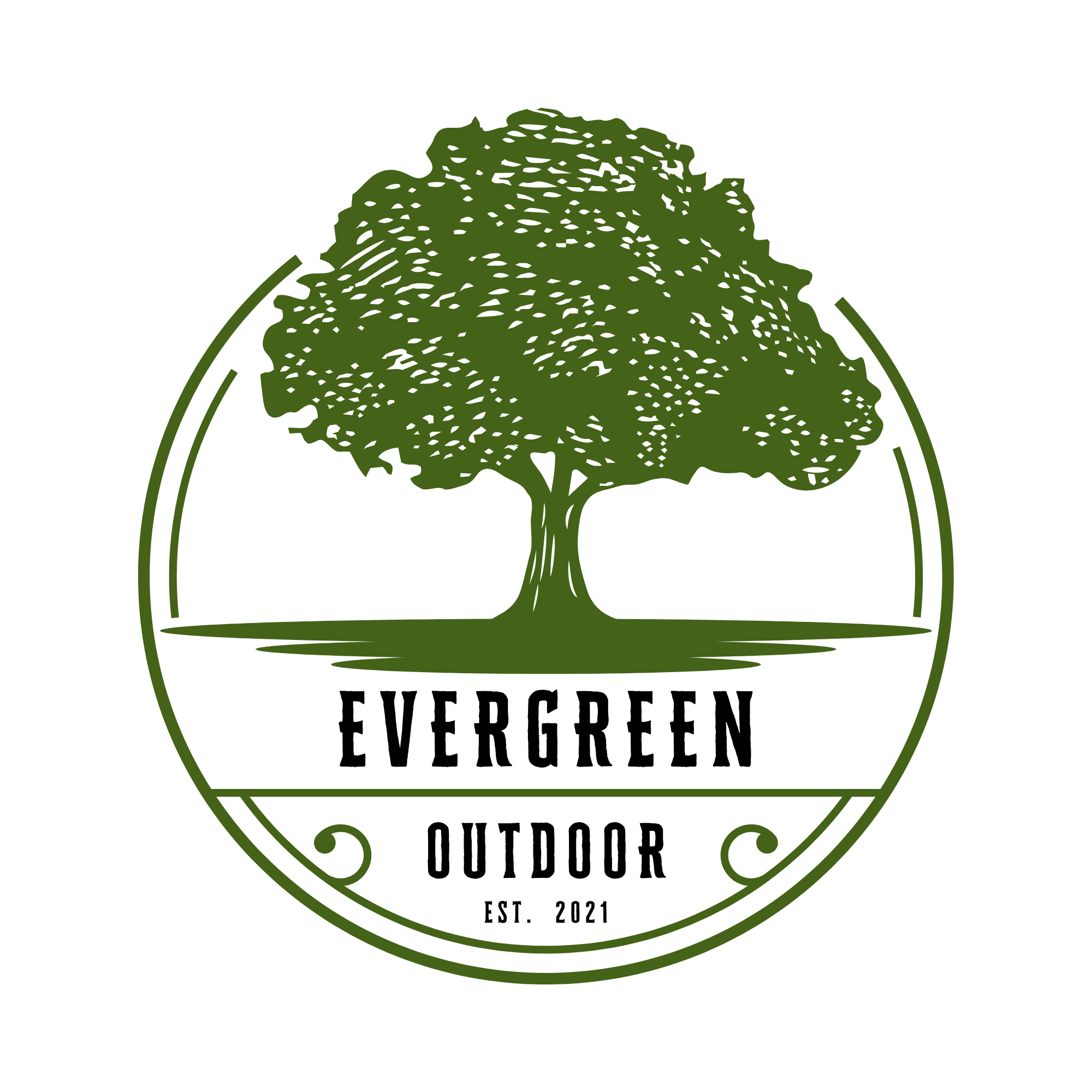Evergreen Outdoor refreshed logo concept with detailed tree emblem